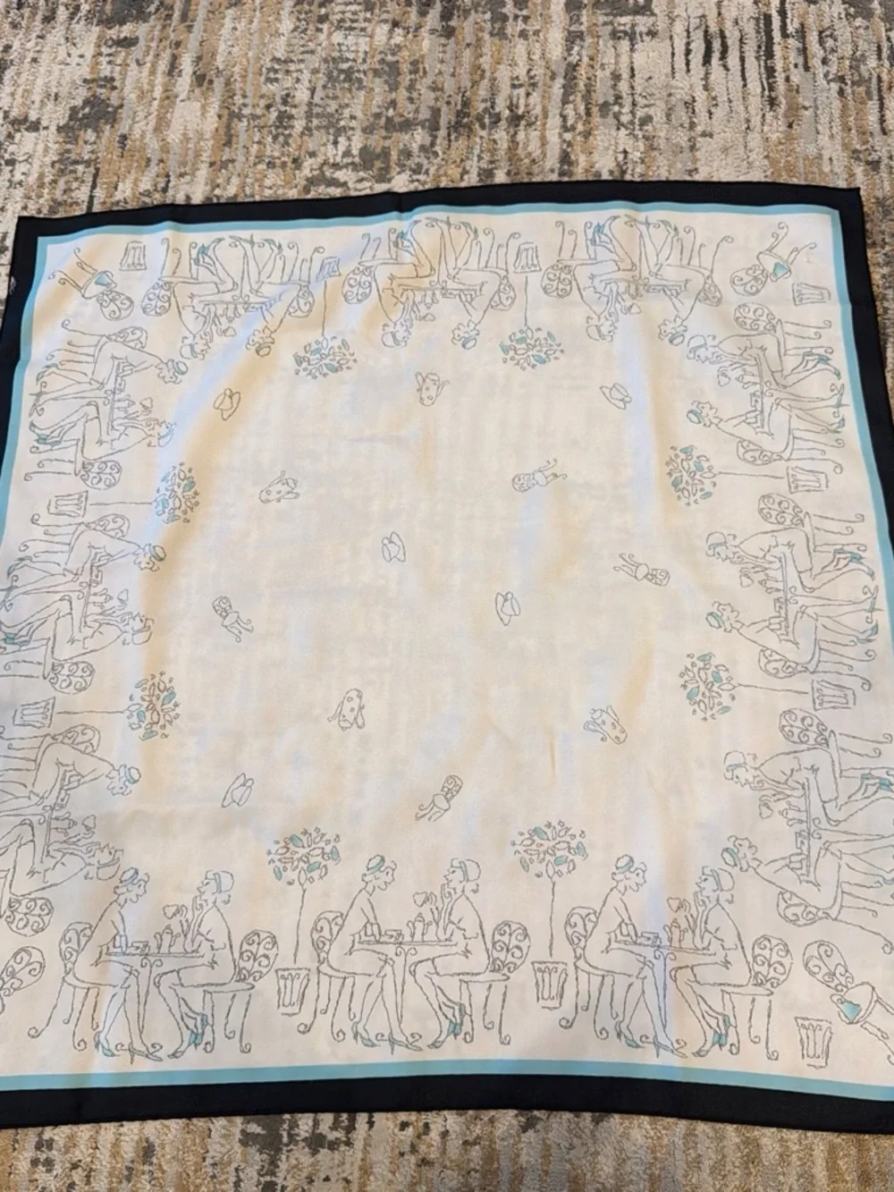 Silk-Feel Café Scene Square Scarf in White and Black